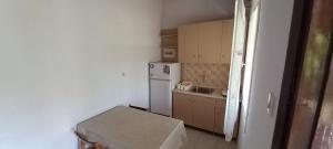 a small kitchen with a white refrigerator and cabinets at Filio Rooms in Nikiti +19 photos