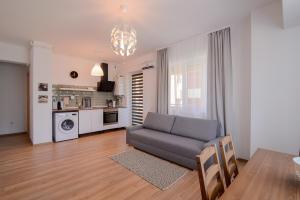 un soggiorno con divano e cucina di Miralex - Moonlight Residence a Mamaia