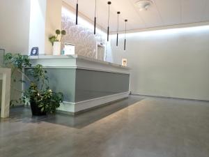 a lobby of an office with a counter and potted plants at Hotel Sol-Park in Sant Julià de Lòria