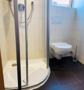 a bathroom with a toilet and a shower stall at Hotel Charlotte in Innsbruck