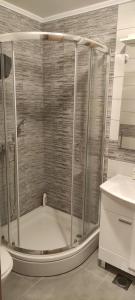 La salle de bains est pourvue d'une douche et d'un lavabo. dans l'établissement Apartman Mateja, à Trebinje