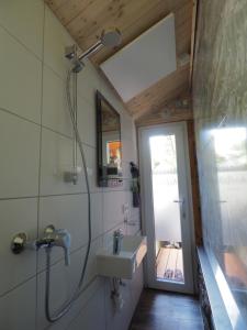 ein Bad mit einer Dusche, einem Waschbecken und einem Spiegel in der Unterkunft Tiny Sport base in Innsbruck