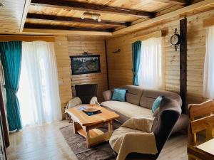 ein Wohnzimmer mit einem Sofa und einem Tisch in der Unterkunft Holiday Homes Durmitorski Gaj in Žabljak