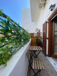 dwie ławki na boku budynku z roślinami w obiekcie Patra's home w mieście Andros
