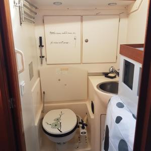 a small bathroom with a toilet and a sink at 2 nuits insolites & 1 excursion voile à bord du voilier Mori Ora in Orufara