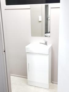 uma casa de banho branca com um lavatório e um espelho em HIT Hostel em Auckland