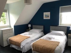 two beds in a bedroom with blue walls at Lakeside Cottage in Killaloe