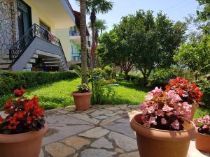a patio with three pots of flowers in front of a house at Villa Meminaj Vlore Sea view and Garden Vlore in Vlorë +16 photos