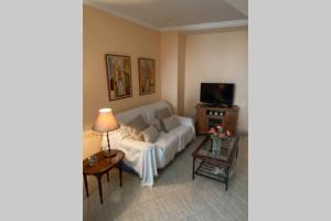 een woonkamer met een witte bank en een tv bij Casa del Garcelan in Orba
