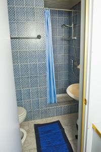 a blue tiled bathroom with a shower and a toilet at Hotel Maria in Luisago