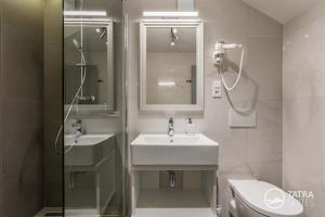 uma casa de banho com um lavatório, um chuveiro e um WC. em TATRA SUITES Boutique Suites Deforte Gallery 202 em Poprad