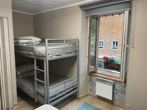 バレージュにあるLes Sorbiers Barègesの二段ベッドと窓が備わる小さな客室です。