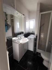 ein Badezimmer mit zwei Waschbecken, einer Dusche und einem WC in der Unterkunft Apartments Luca in Zaboric