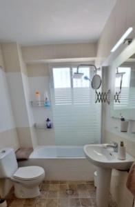 ein Bad mit einer Dusche, einem WC und einem Waschbecken in der Unterkunft Casa del Almocabar in Ronda