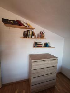ein Zimmer mit einer Kommode und Regalen an der Wand in der Unterkunft Apartments Luca in Zaboric