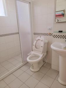 a bathroom with a toilet and a shower and a sink at 草莓牛奶台東民宿可洽包棟 in Taitung City