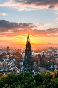 a view of a city skyline at sunset at Boutique Apartment am Bahnhof in Freiburg im Breisgau