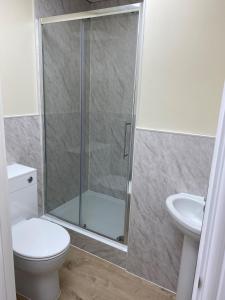 a bathroom with a shower with a toilet and a sink at Bucks accommodation in Aylesbury