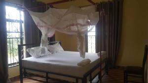 a bedroom with a bed with a net on it at Farmhouse Lodge in Dar es Salaam