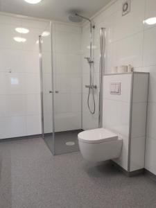 a white bathroom with a shower and a toilet at Camp Sjusjøen in Mesnali