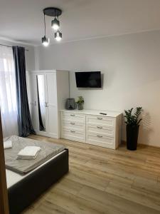 1 dormitorio con 1 cama y vestidor con TV en Noclegi w Centrum Brodnicy en Brodnica