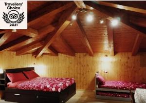 two beds in a room with wooden walls at B&B Il Ghiro-Country House in Mormanno