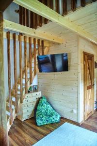 a wooden cabin with a tv and stairs in it at Polana Świerkowa in Okuninka