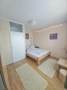 a bedroom with a bed and two rugs at Sunshine apartment in Pančevo