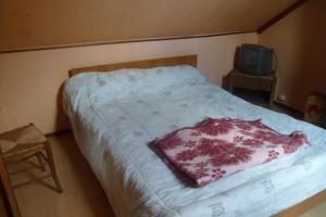 un pequeño dormitorio con una cama con una manta roja. en siros, en Iron