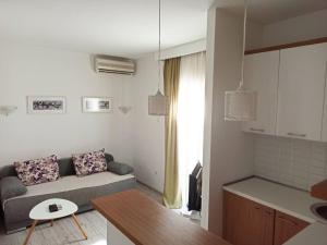 a small living room with a couch and a kitchen at Mediteraneo Apartments in Budva