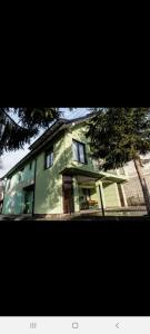 a green house with a tree in front of it at Casa Alma in Borşa