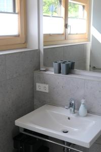 ein Badezimmer mit einem weißen Waschbecken und einem Spiegel in der Unterkunft Klemmbachidyll in Badenweiler