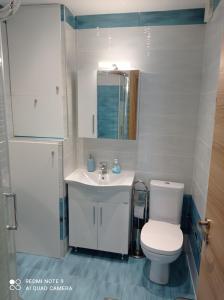 a bathroom with a white toilet and a sink at Sunset Apartment in Epanomi