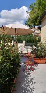 een tafel en stoelen onder een parasol op een patio bij Casa Ridolfi Holiday Home -Una terrazza sui giardini di Pisa in Pisa