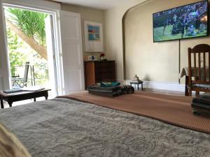 a bedroom with a large bed with a television on the wall at Little Treasure with up to 25 percent off ferry in Shanklin