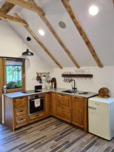 a kitchen with wooden cabinets and a sink and a dishwasher at Zidanica Žagar in Dolenjske Toplice