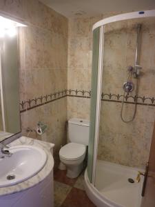 een badkamer met een toilet, een wastafel en een douche bij Acogedor apartamento en l'Estartit in L'Estartit
