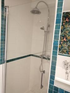 baño con ducha y puerta de cristal en Chambre E André Le Domaine Des Jardins De Bracquetuit en Bracquetuit