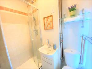 y baño con ducha, aseo y lavamanos. en Lovely Twin Room with Terrace en Londres