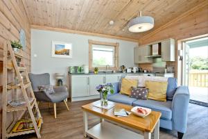 - un salon avec un canapé bleu et une table dans l'établissement Broadpath, Great Field Lodges, à Braunton