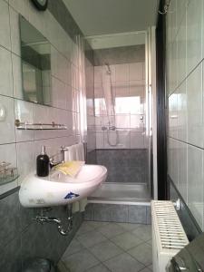 een badkamer met een wastafel en een douche bij Napocska Panzió in Vonyarcvashegy