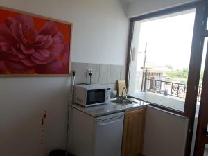 a kitchen with a microwave and a sink and a window at Guest House Antique in Sozopol