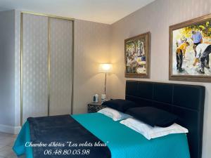 ヴォー・シュル・メールにあるCHAMBRE D'HOTES "Les Volets Bleus" - VILLA L'OLIVIER côté merのベッドルーム1室(青いベッド1台付)
