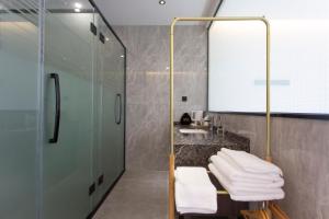 张家界Heaven's Gate Home Stay --free pick up service--panoramic view of Tianmen Mountain的带玻璃淋浴和水槽的浴室