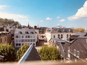 une vue aérienne d'une ville avec des bâtiments dans l'établissement Le Duplex ou l'Appart d'Agnès", à Honfleur