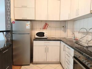 eine Küche mit einem Kühlschrank und einer Mikrowelle in der Unterkunft Nancy apartment in Skopje