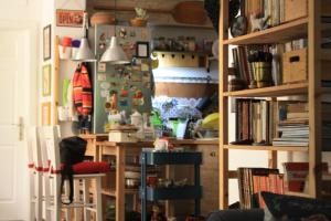 a room with a table and shelves with books at Guesthouse Silvani in Kruševac