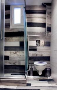 a bathroom with a toilet and a glass shower at Haus Viktoria 3 in Limenas +14 photos