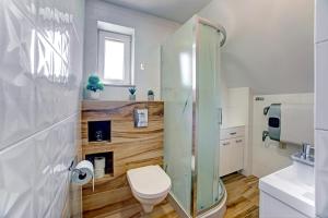 a bathroom with a toilet and a glass shower at Wilczy Jar Bieszczady in Bukowsko