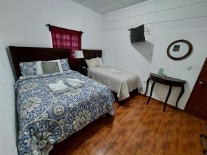 a bedroom with a bed and a table with a tv at Hotel & Restaurant Fleur de Lis in Concepción de Ataco